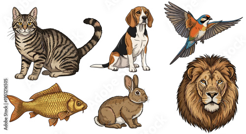 Diverse Animal Kingdom Illustration: Cat, Dog, Bird, Lion, Rabbit, Fish Harmony, Wildlife Togetherness in a Cartoon Style for Children's Book, Pet Store, Zoo, Veterinary Clinic, Education, Conservatio