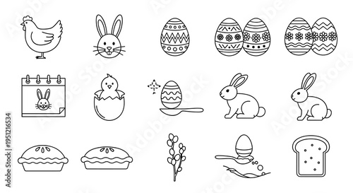 Easter Holiday Celebration Line Art: Festive Springtime Icons for Greeting Cards, Invitations & Decorations, Featuring Chicken, Bunny, Decorated Eggs, Chick, Pies, and Willow Branches, Celebrating Spr