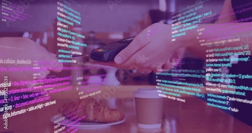 Cafe staff presenting POS, customer tapping card to pay, code overlay framing croissant cup fintech
