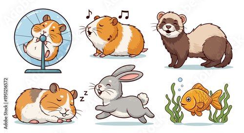 Cartoon Pet Animals Illustration: Hamster Spinning Wheel, Guinea Pig Singing, Sleeping, Rabbit Running, Ferret Smiling, Goldfish Swimming in Aquarium for Veterinarian Clinic, Pet Store, Children's Boo
