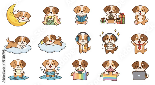 Collection of Adorable Puppy Illustrations: Cartoon Dog Characters Engaged in Various Activities - Sleeping on Moon, Reading, Eating Noodles, Listening to Music, Working on Laptop - Cute Vector Graphi