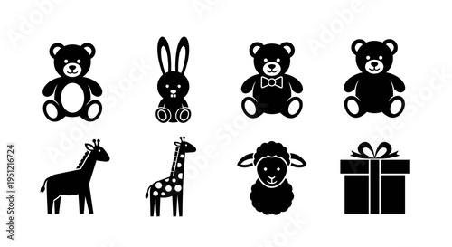 Toys & Gifts Illustration: Teddy Bears, Rabbit, Giraffe, Sheep, and Present Icons for Children's Products, Nursery Decor, & Educational Resources. Playful Vector Designs in Black & White for Baby Show