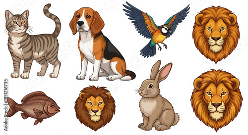 Domestic & Wild Animals Collection: Cat, Dog, Bird, Rabbit & Fish, Faces of Lions Posing in Cartoon Vector Set Illustration for Children's Education, Zoological Study, or Wildlife Conservation Project