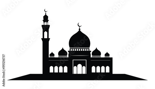 Silhouette of a grand mosque with a prominent dome and minaret against a plain background isolated on white background, Vector, illustration
