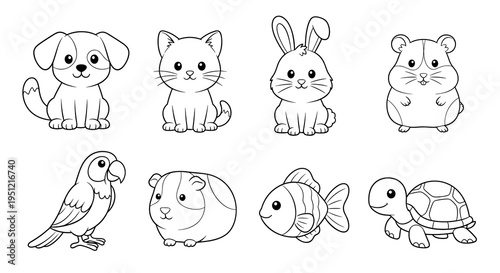 Cute Pets Line Art Collection: Adorable Cartoon Animals for Children's Illustration, Coloring Pages & Educational Resources Featuring Dog, Cat, Rabbit, Hamster, Parrot, Guinea Pig, Fish & Turtle. Idea
