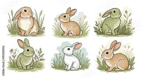 Adorable Bunny Rabbits Sitting in Lush Green Meadow, Cute Easter Animal Illustrations, Wildlife Art in Watercolor Style, Children's Book Illustration for Spring Themes, Cartoon Bunnies Graphic for Fes