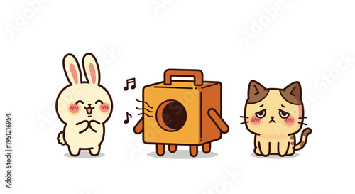 Cartoon Animals Enjoying Music: Happy Rabbit Dancing, Sad Cat Listening to Speakerbox  – Cheerful Bunny, Depressed Kitten, Musical Device, Audio Equipment, Cute Kawaii Style,  Animation Design Element