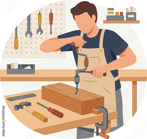 Woodworking in a Modern Workshop a Focused Carpenter Is Drilling a Hole into a Piece of Wood