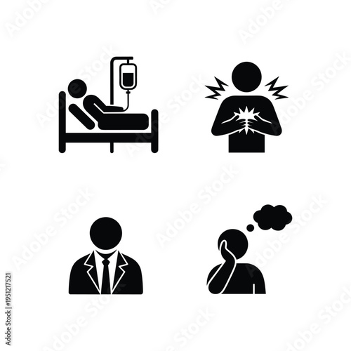 Medical Patient and Health Condition Icons Set – Hospital Care, Chest Pain and Consultation Vector