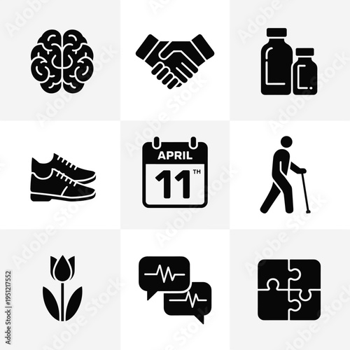 Parkinson’s Disease Awareness Icon Set with Medical and Support Symbols