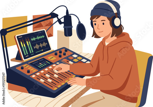 Podcast Creator Recording Audio in a Professional Home Studio with a Mixer and Tablet