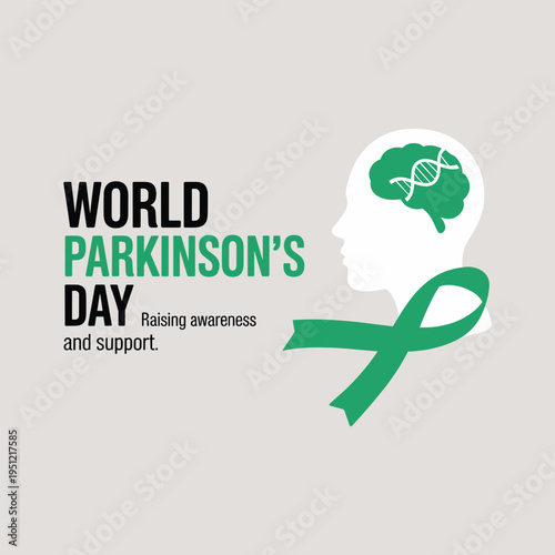 World Parkinson’s Day Awareness Poster with Green Ribbon and Brain Illustration