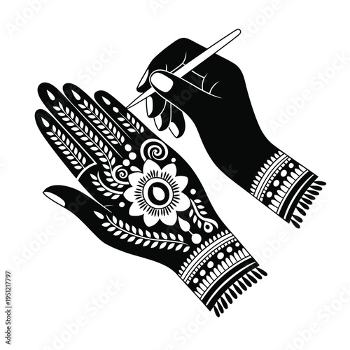 Intricate henna design being applied to a hand with traditional patterns and details isolated on white background, Vector, illustration