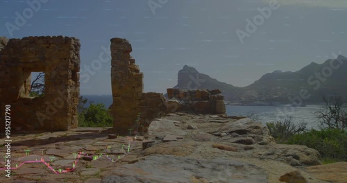 Ruined pillars still as timed finance chart appears growing into candles over ruins showing growth