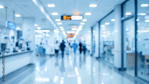 Blurred background of a busy hospital corridor with doctors walking