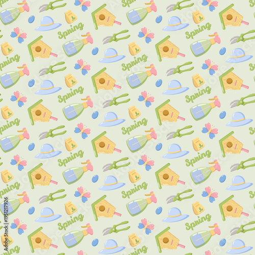 Seamless spring pattern with birdhouses, gardening shears, watering cans, sun hats, butterflies, eggs, seed packets, and Spring text on pastel background, cheerful seasonal design for decor and