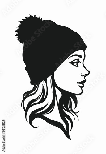 Elegant silhouette of a woman wearing a stylish knit beanie and long flowing hair isolated on white background, Vector, illustration