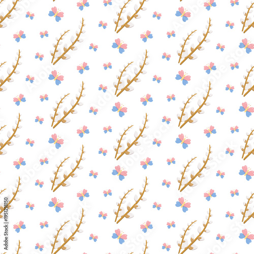 Seamless pattern with pussy willow branches and stylized butterflies on white background, soft nature-inspired design for textiles, wallpapers, stationery, and decorative prints