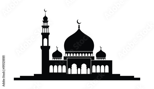 Silhouette of a grand mosque with a crescent moon and minaret against a plain background isolated on white background, Vector, illustration