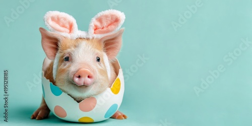 Happy Easter concept, holiday greeting card long banner panorama, funny animal - Cute pig piglet with Easter bunny ears and easter egg, isolated on blue background