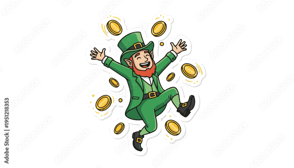 Fototapeta premium Happy Leprechaun Jumping with Gold Coins for Festive Celebration and Saint Patrick's Day Jackpot Luck