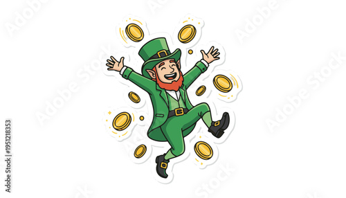Happy Leprechaun Jumping with Gold Coins for Festive Celebration and Saint Patrick's Day Jackpot Luck