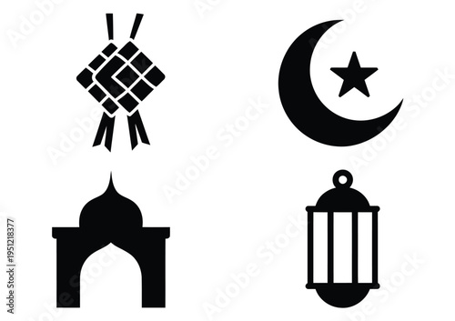 Iconic symbols representing islamic culture and heritage in a minimalist black and white design isolated on white background, Vector, illustration