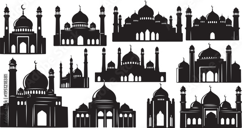 Collection of mosque silhouettes in black and white style