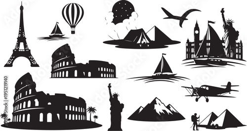 Travel and landmarks around the world in black silhouettes