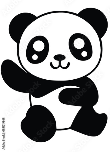 A cute and simple black and white cartoon panda waving cheerfully isolated on white background, Vector, illustration