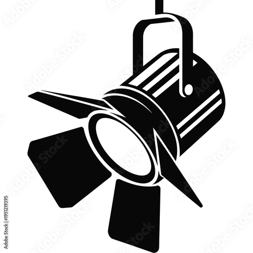 A classic black and white stage spotlight with adjustable beams illuminating the scene isolated on white background, Vector, illustration