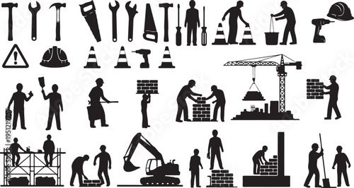 Construction Workers and Equipment Silhouette Icons Set for Projects