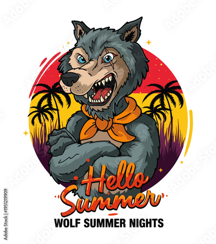 Aggressive anthropomorphic wolf character wearing a scarf and embracing summer with palm trees and a colorful sunset graphic Best Selling T-shirt Design