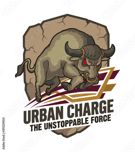 Aggressive bull charging forward with powerful stance depicted on a rocky emblem representing strength and unstoppable force Best Selling T-shirt Design