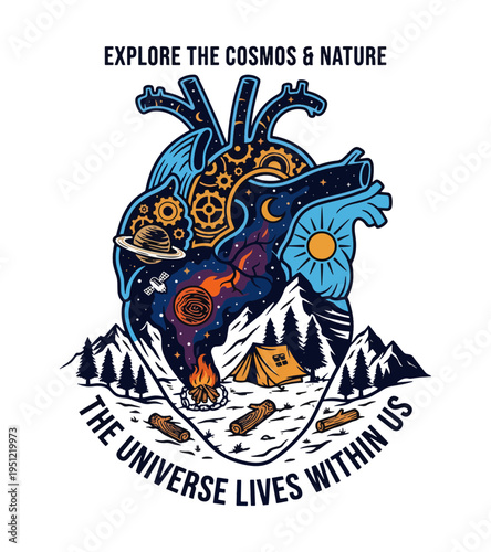 Creative illustration of a human heart blending the wonders of the cosmos and the beauty of nature with camping elements Best Selling T-shirt Design