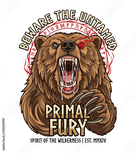 Fierce brown bear with bared teeth and claws raised displaying primal fury and ancient runes surrounded by a mystical circle Best Selling T-shirt Design