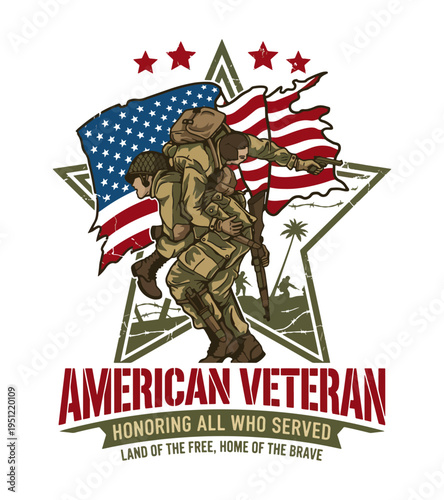 Illustrative depiction of a soldier carrying a wounded comrade against a backdrop of the American flag and stars representing patriotic heroism and sacrifice Best Selling T-shirt Design
