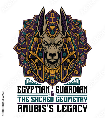Illustrative depiction of the ancient Egyptian jackal god Anubis wearing an ornate headdress adorned with scarab beetles and ankh symbols  T-shirt Design