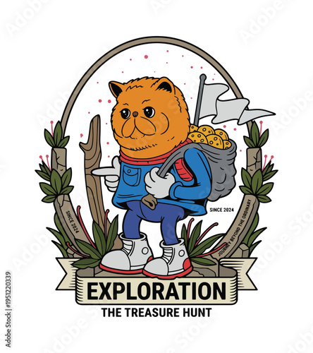 Whimsical cartoon orange cat character dressed as an explorer holding a treasure bag and a pointing stick ready for a grand adventure on a quest for discovery  T-shirt Design