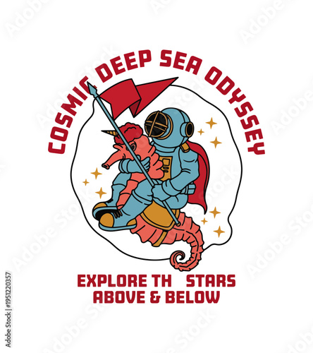 Whimsical astronaut riding a seahorse holding a unicorn and a flag on a cosmic journey exploring stars above and below Best Selling T-shirt Design