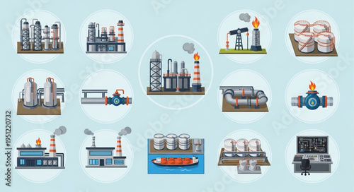 Oil and Gas Industry Icons - Industrial Processes and Infrastructure.