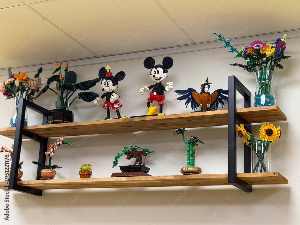 Naklejka premium Wooden shelves with lego mickey and minnie, bonsai and flowers