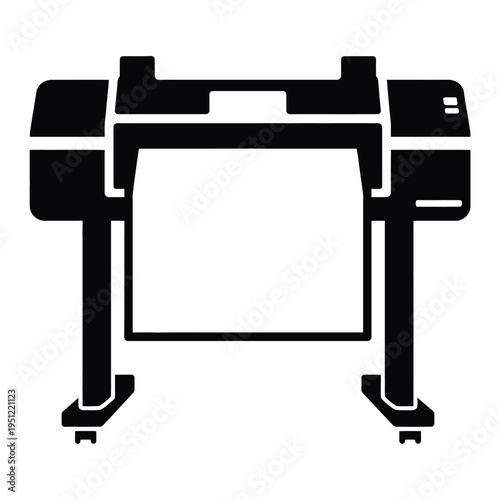 Large format inkjet printer with open front cover and cartridges visible isolated on white background, Vector, illustration