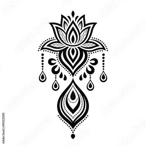 Intricate black and white mandala inspired by lotus flower and teardrop designs isolated on white background, Vector, illustration