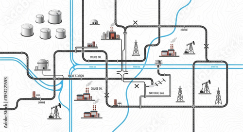 Detailed Oil and Gas Industry Infrastructure Network Diagram.