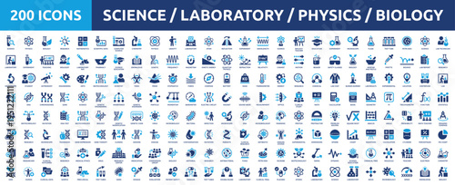 Huge set of 200 solid icons. Mega collection concept of science, laboratory, physics, research and biology. Vector illustration.