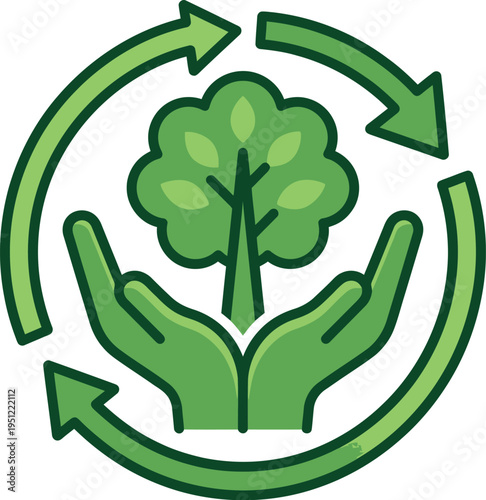 Hands nurturing a tree symbolizing sustainable and eco-friendly practices in a circular flow. Earth Day 2026 Earth Day 2027 Earth Day