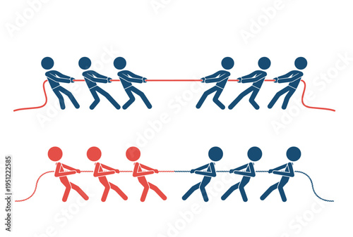 Two teams of stick figures are engaged in a competitive game of tug of war with a long rope