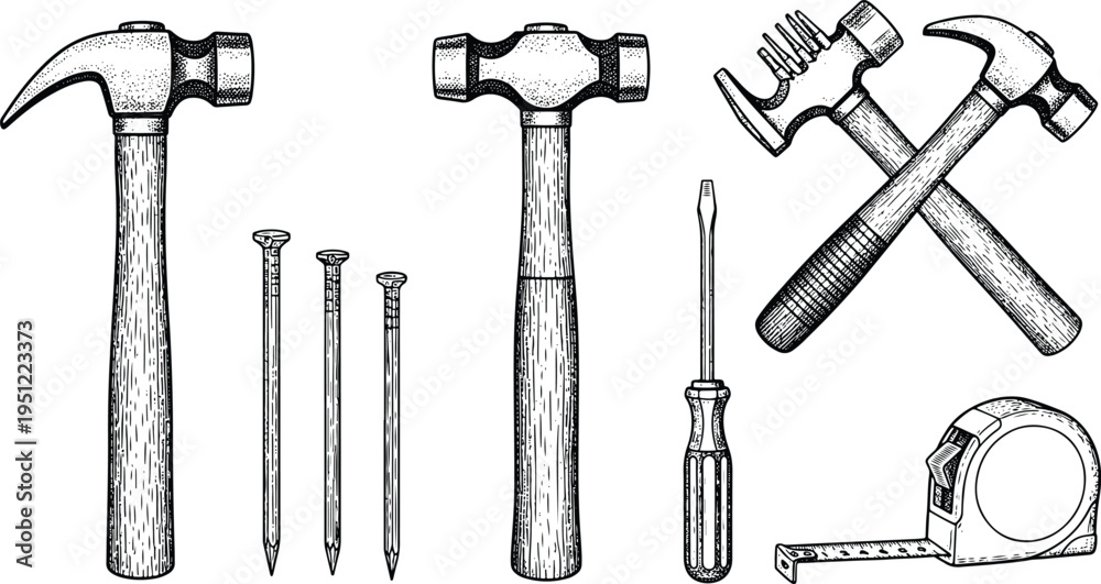 Fototapeta premium Vintage engraving hand tools illustration set with hammer, nails, screwdriver and measuring tape