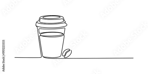 Continuous one line drawing of a disposable coffee cup with lid and a single coffee bean